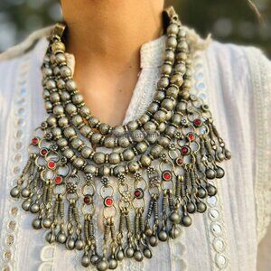 Vintage Afghani Boho Choker Necklace, Handmade Tribal Vintage piece